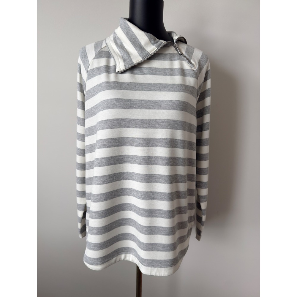 Lou & Grey Striped Asymmetrical Zip Funnel Neck Tunic Sweatshirt Grey White S